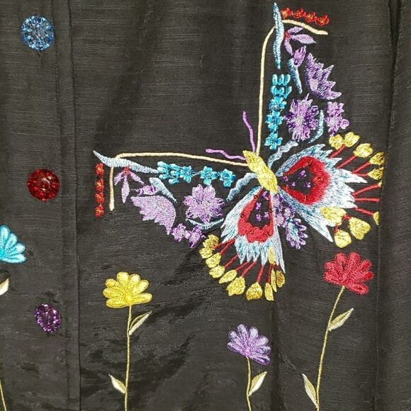 Draper's & Damon's Colorful Butterfly Stitch Black Button Up Jacket - Picture 5 of 8